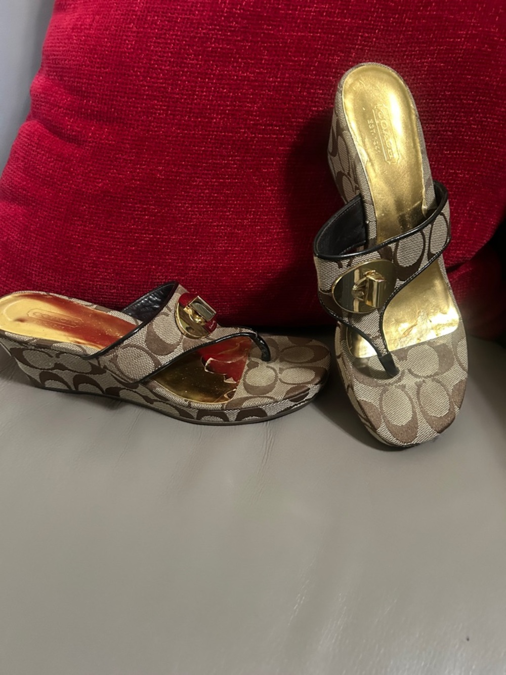 Coach Beige Signature Canvas Wedge Thong Sandals with Gold Accents